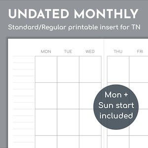 Blank month on 2 pages, Regular/Narrow/Standard printable insert for TN