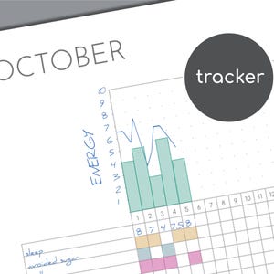 Könnte beinhalten: Eine gedruckte Oktober-Tracker-Seite mit einem handgezeichneten Liniendiagramm und Balkendiagramm für das Energieniveau. Das Raster enthält Zeilen für Schlaf- und Zucker-Tracking mit handschriftlichen Beschriftungen und farbigen Quadraten.