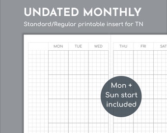 Undated monthly planner printable with 5mm graph paper, Standard/Regular/Narrow TN size