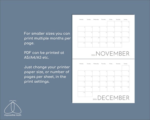 Calendrier annuel 2024 et 2025 imprimable, recharge à imprimer en français  pour planner format A5 et A4, page de notes pour aperçu annuel -   France