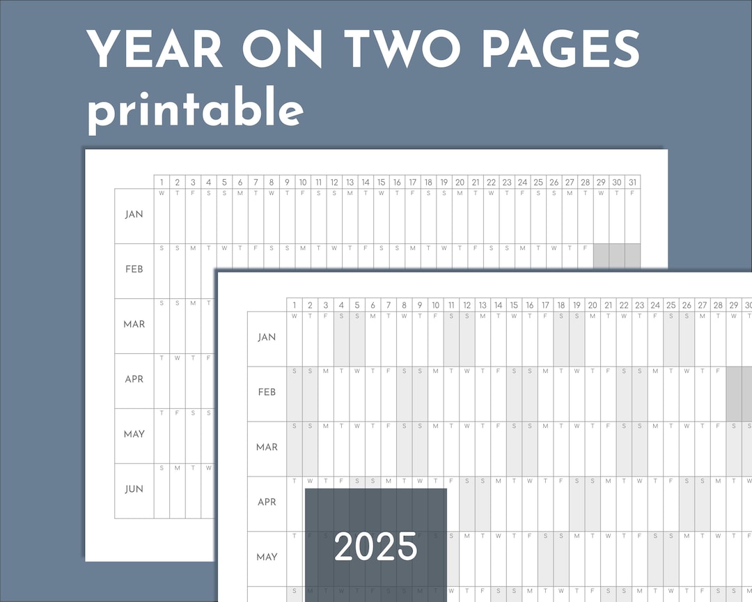 2025 Year Overview 2 Page Printable Calendar, 6 Months per Page Yearly ...