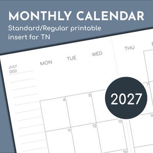 2027 monthly planner, Narrow / Classic Slim / Regular sized printable insert for TN