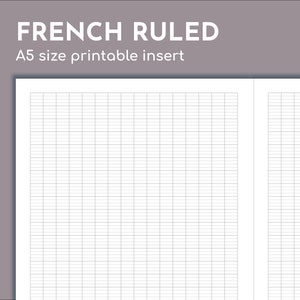 Peut inclure: Un insert de carnet imprimable au format A5 à lignes fines. L'insert a un fond blanc avec des lignes grises claires.