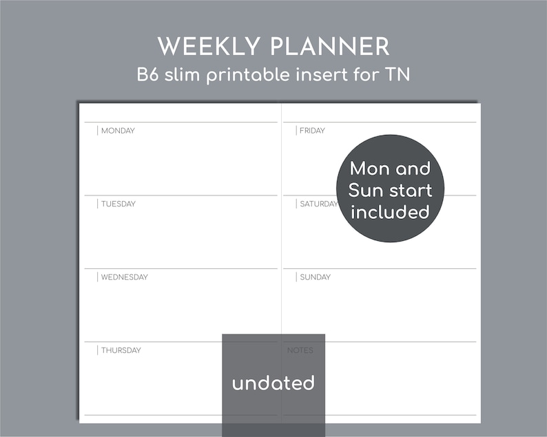 Undated Weekly Planner, B6 Slim Printable Travelers Insert, Sunday and ...