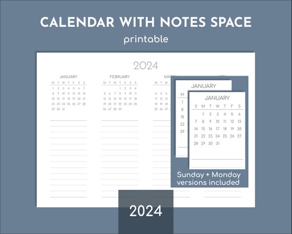 2024 Calendar With Notes Space, Future Log Printable Pdf, Print at A5, A4,  A3, A2, A1, A0 or Letter - Etsy