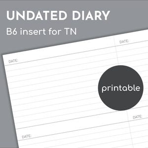 Undated day diary planner, B6 printable insert for TN