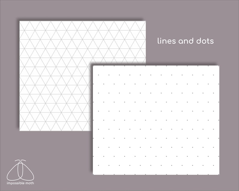 May include: Two white sheets of paper with different patterns. The left sheet has a grid of equilateral triangles. The right sheet has a grid of evenly spaced dots. The text "lines and dots" is printed in black at the top of the image.