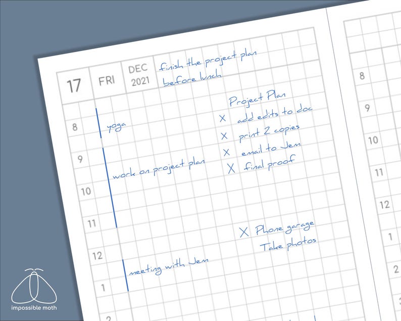 May include: A detailed planner page with a grid layout, featuring handwritten notes in blue ink. The page is dated December 17, 2021, and includes a schedule with entries like "yoga," "work on project plan," and "meeting with Jen." The planner also has a logo of a moth.