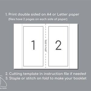 May include: A white rectangular template with two black-bordered boxes labeled 1 and 2, separated by a dashed line marked fold in half. Text instructions include: 1. Print double sided on A4 or Letter paper, 2. Cutting template, 3. Staple or stitch.