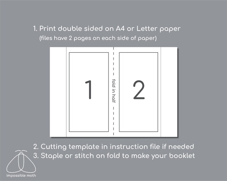 May include: A white rectangular template with two black-bordered boxes labeled 1 and 2, separated by a dashed line marked fold in half. Text instructions include: 1. Print double sided on A4 or Letter paper, 2. Cutting template, 3. Staple or stitch.