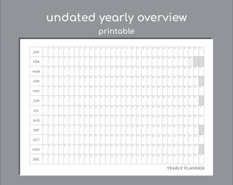 Perpetual calendar, any year yearly overview printable planner, A5/A4/A3/A2/A1/A0 and Letter sizes are included
