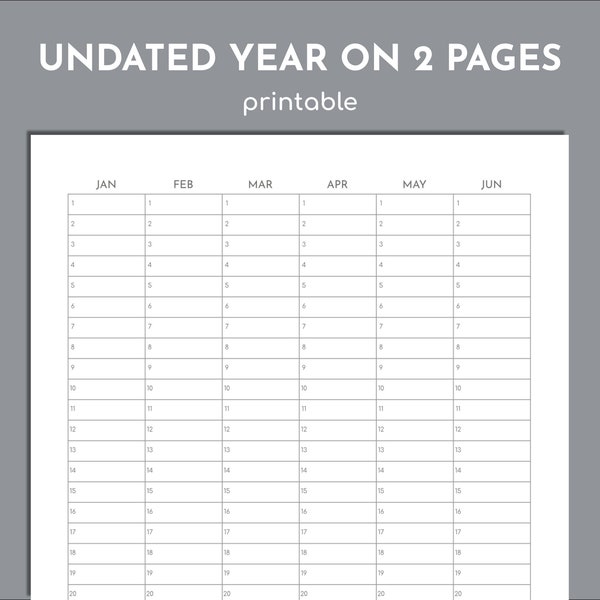Undated wall calendar, year on 2 pages printable, A5, A4, A3, A2, A1, A0