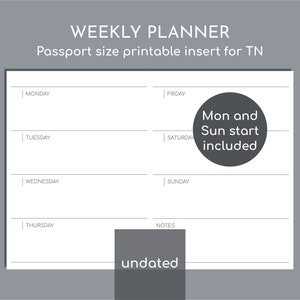 Undated Weekly Planner Printable Insert for Passport size TN, Sunday and Monday start