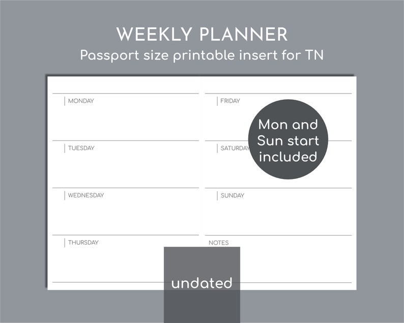 Undated Weekly Planner Printable Insert for Passport Size TN - Etsy