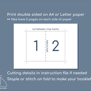 May include: A white instructional graphic with the text "Print double sided on A4 or Letter paper." The graphic shows a diagram with the numbers 1 and 2, and the text "cut between crop marks."