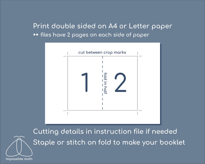 May include: A white instructional graphic with the text "Print double sided on A4 or Letter paper." The graphic shows a diagram with the numbers 1 and 2, and the text "cut between crop marks."