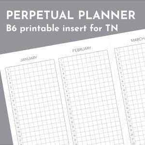 May include: A white perpetual planner insert for a TN, with the text "PERPETUAL PLANNER B6 printable insert for TN". The planner pages are divided into months, with numbered days and grid lines for notes.