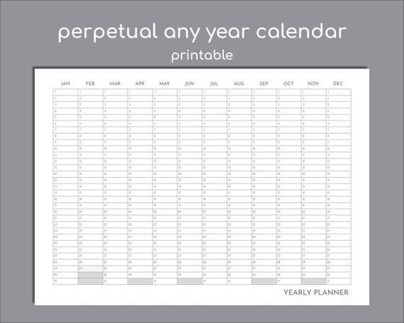 Perpetual Calendar Any Year Calendar Printable Yearly Etsy Canada