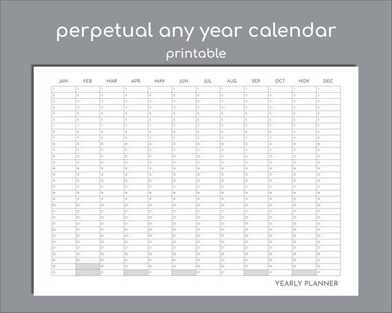 Perpetual Calendar Any Year Calendar Printable Yearly Etsy Canada