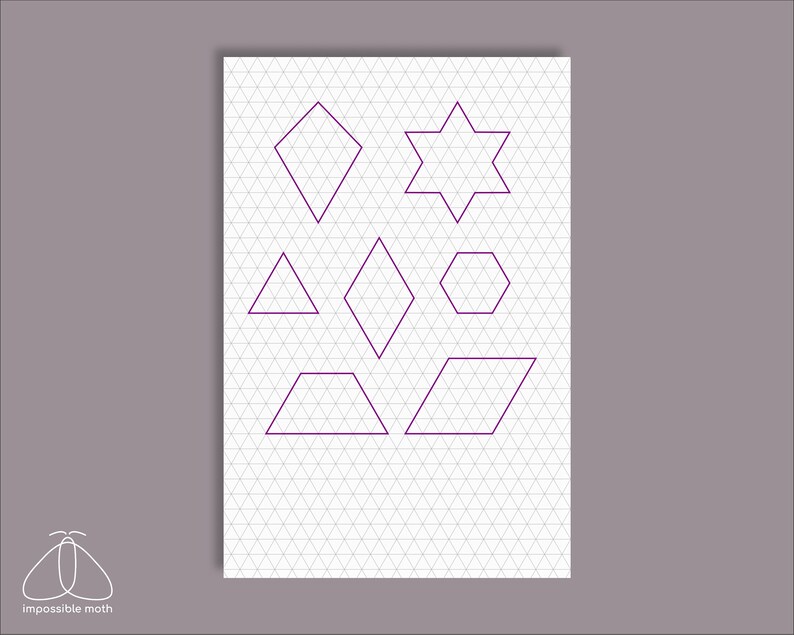 May include: A white sheet of paper with a grid pattern printed on it.  Purple outlines of various geometric shapes are drawn on the grid. The shapes include a diamond, a star, a triangle, a hexagon, a trapezoid, and a parallelogram.
