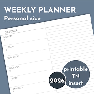 Puede incluir: Un inserto de planificador semanal blanco con páginas rayadas, con el texto "WEEKLY PLANNER" y "Personal size". El planificador incluye fechas de octubre de 2026, con un gráfico circular que dice "printable TN insert".