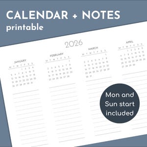 Calendario 2026 con espacio para notas, agenda imprimible