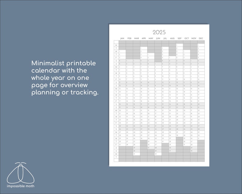 2025 Yearly Planner Printable, Year on One Page Overview, Portrait Tracker, Print at A5, A4, A3