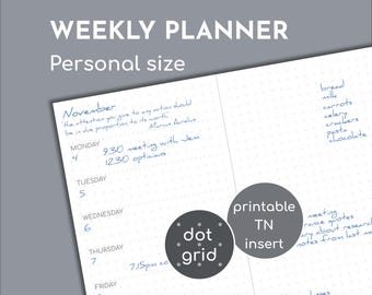 Undated week on one page plus notes, Personal size printable insert for TN