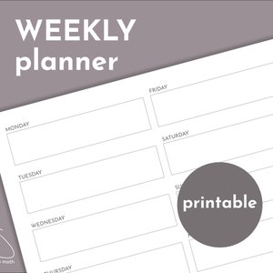 May include: A printable weekly planner with a gray circle that says "printable" in white text. The planner has spaces for each day of the week, Monday through Sunday.