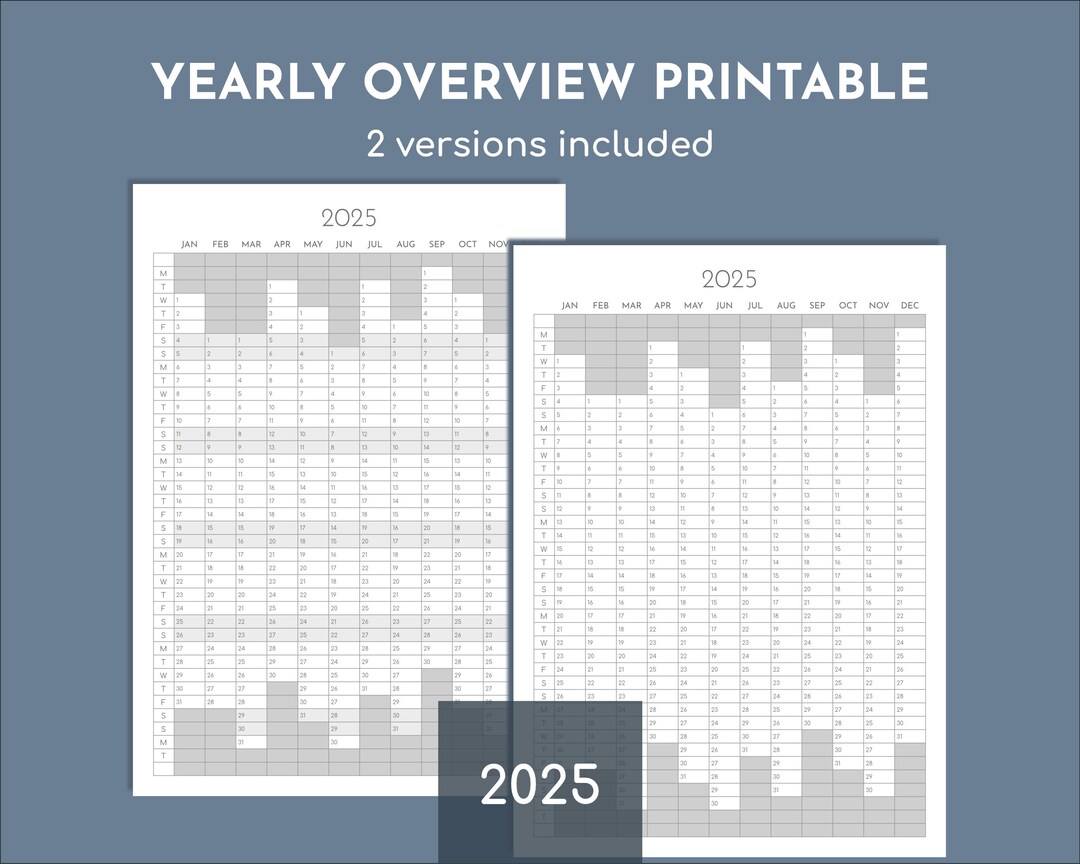 2025 Yearly Planner Printable, Year on One Page Overview, Portrait Tracker, Print at A5, A4, A3