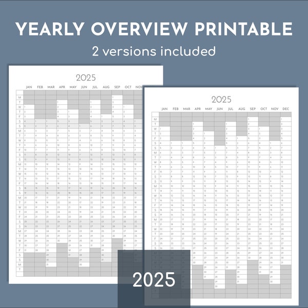 2025 yearly planner printable, year on one page overview, portrait tracker, print at A5, A4, A3, A2, A1, A0 or Letter