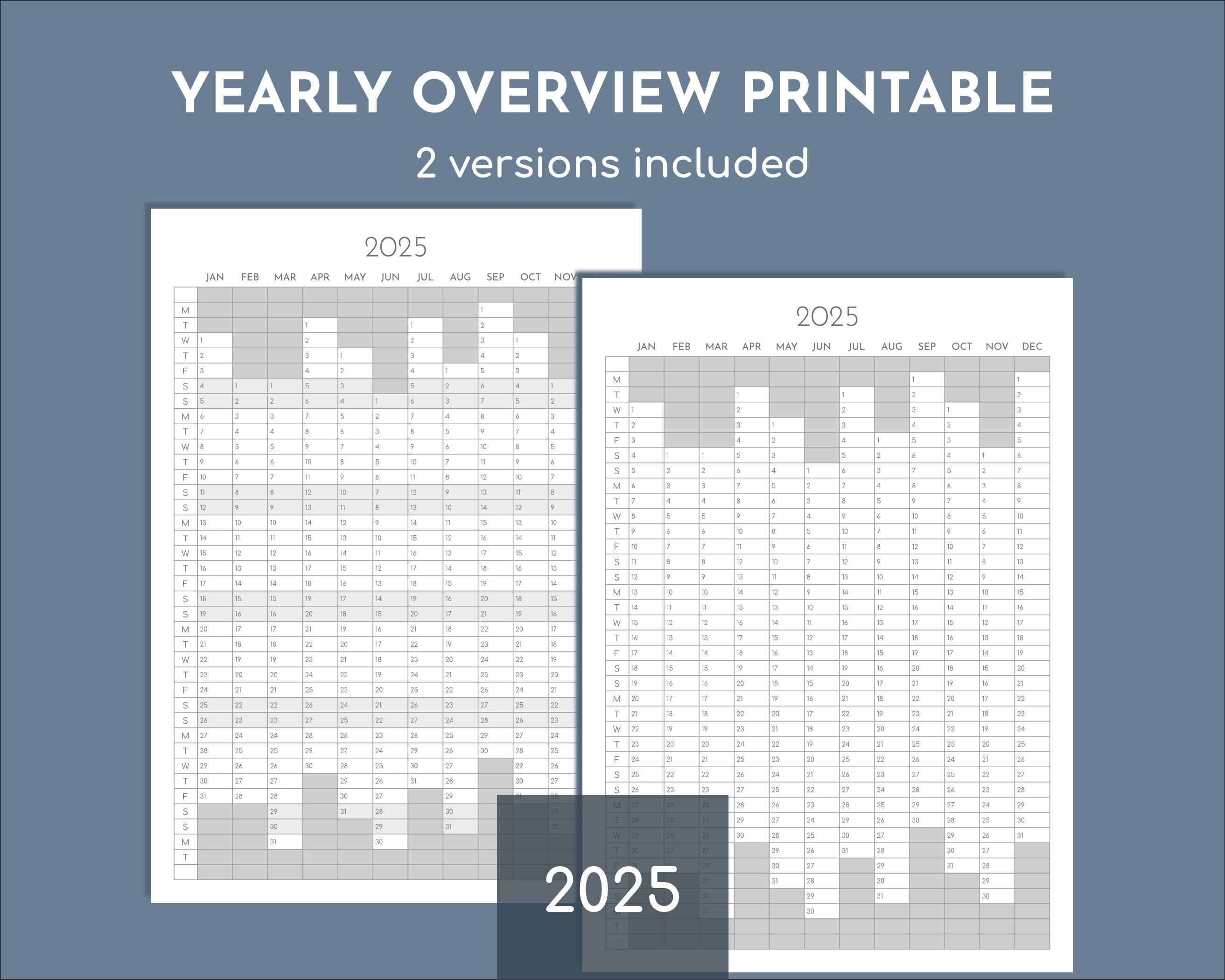 2025 Yearly Planner Printable, Year on One Page Overview, Portrait Tracker, Print at A5, A4, A3
