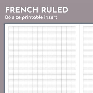 May include: A printable B6 size French ruled notebook insert. The insert has a white background with gray lines.