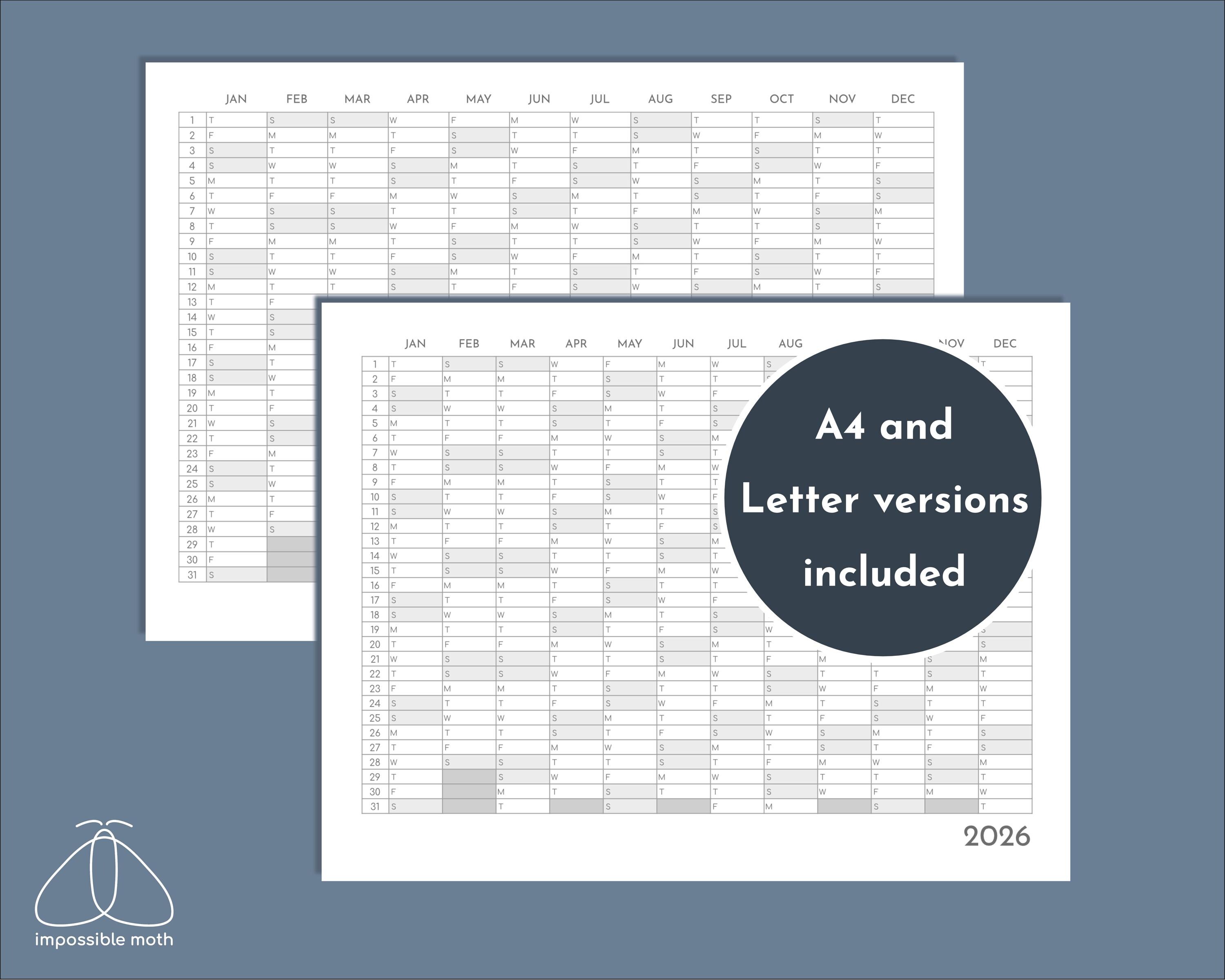 2026 Planner Printable, Yearly Tracker, A4 (print at A5-A0) and Letter