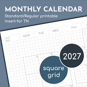 Op de afbeelding: Een maandelijkse kalender als printbare insert voor een TN-notitieboek met een wit raster en kopteksten voor de dagen van de week. De tekst luidt MONTHLY CALENDAR, Standard/Regular printable insert for TN, 2027 en square grid.