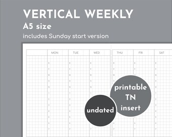 May include: A vertical weekly planner with a grid layout, A5 size, and Sunday start version. The planner includes the days of the week, with time slots from 8 AM to 7 PM. The planner has the words "printable TN insert" and "undated".