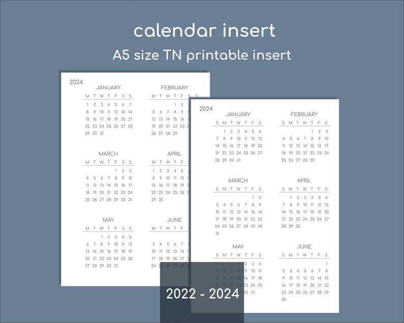 Printable A5 Calendar 20222024 Insert for Travelers Notebook Etsy