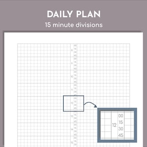 May include: A daily planner with a grid layout for scheduling. The grid is divided into 15-minute increments. The planner is designed to help users organise their day and track their time.
