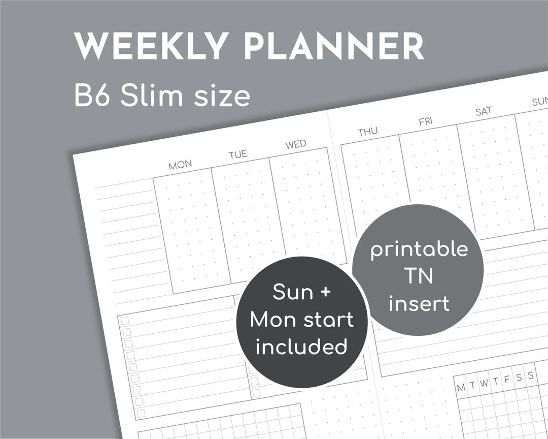 Undated Weekly Planner, Printable B6 Slim Insert for Travelers Notebook ...