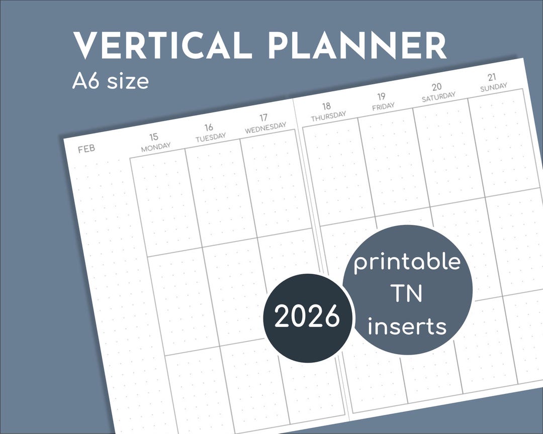 Weekly Planner 2026, Printable A6 Inserts for TN, Vertical Layout With ...