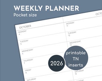 Small weekly planner 2026, Pocket size printable travelers inserts