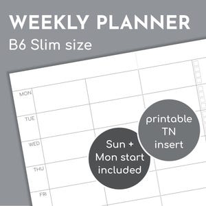 Blank weekly planner, B6 Slim printable TN insert, Monday / Sunday start