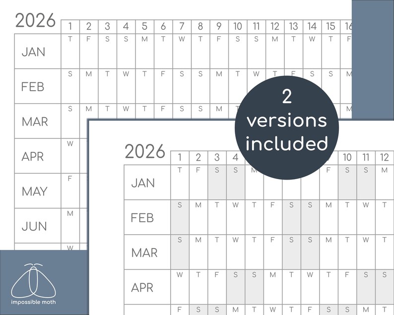 Pode incluir: Duas vers&otilde;es de um calend&aacute;rio de 2026 com um layout de grade simples. O calend&aacute;rio &eacute; em preto e branco com uma borda cinza. O calend&aacute;rio &eacute; projetado para uma vis&atilde;o geral do ano.