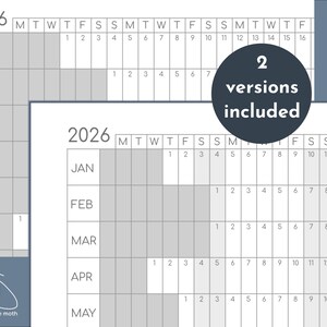 Puede incluir: Un calendario imprimible para el a&ntilde;o 2026. El calendario est&aacute; en un estilo simple y minimalista con cuadrados grises y blancos. El calendario est&aacute; dividido en meses, con los d&iacute;as de la semana enumerados en la parte superior. El texto "2 versiones incluidas" est&aacute; en un c&iacute;rculo en el lado derecho de la imagen.