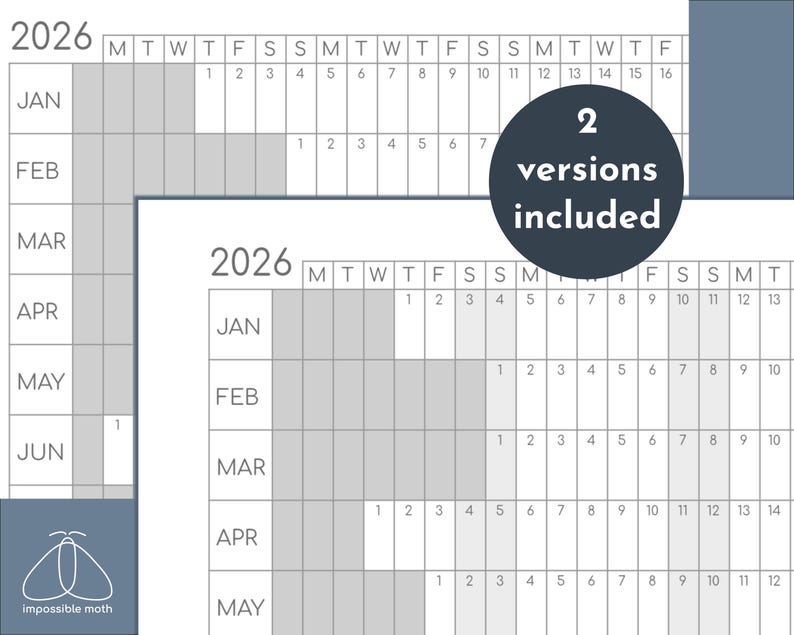 Puede incluir: Un calendario imprimible para el a&ntilde;o 2026. El calendario est&aacute; en un estilo simple y minimalista con cuadrados grises y blancos. El calendario est&aacute; dividido en meses, con los d&iacute;as de la semana enumerados en la parte superior. El texto "2 versiones incluidas" est&aacute; en un c&iacute;rculo en el lado derecho de la imagen.