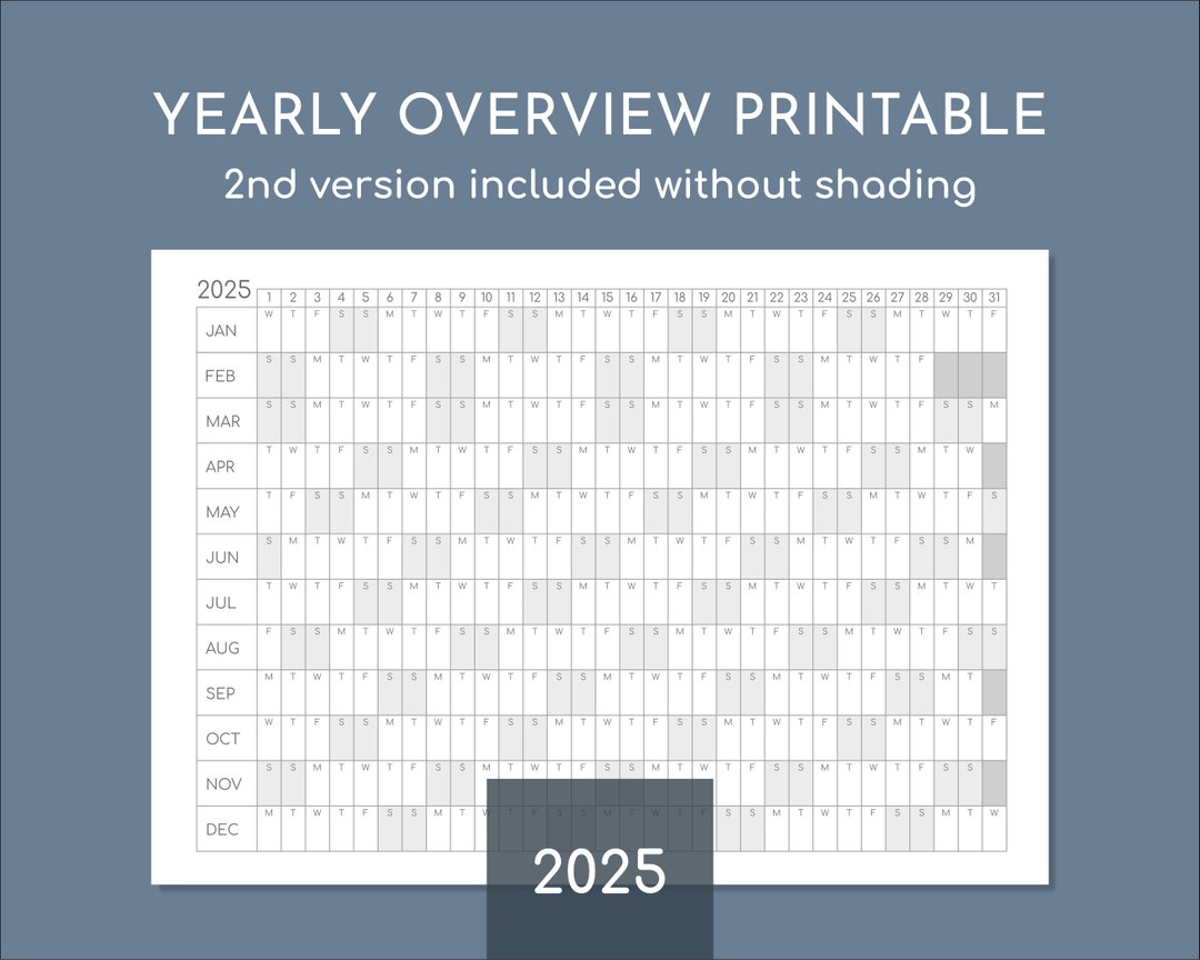 2025 Yearly Overview Printable Calendar, Year on One Page, Print at A4 up to A0 or Letter Etsy