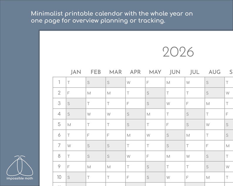 2026 Yearly Printable Calendar, Portrait Wall Planner, A4, A3, A2, A1