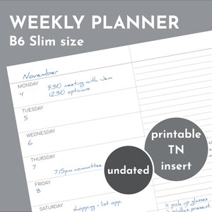 Weekly planner with notes, undated printable B6 Slim insert for TN