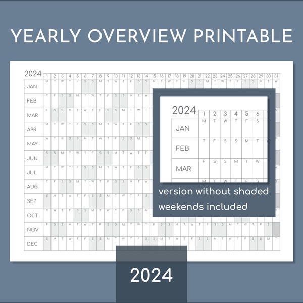 2024 yearly calendar printable, overview planner, print at A4 up to A0, or Letter