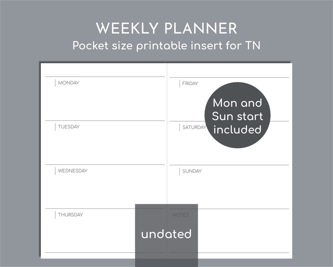 Undated Small Weekly Planner, Printable Pocket Size Insert for TN ...